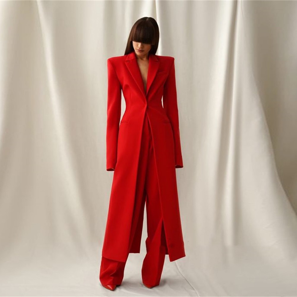 Double Breasted Blazer - Bright Red Women Long Split Blazer