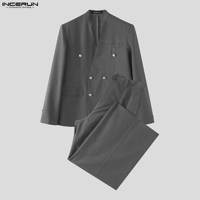 Double Breasted Blazer - INCERUN Men's Sets Solid Color V