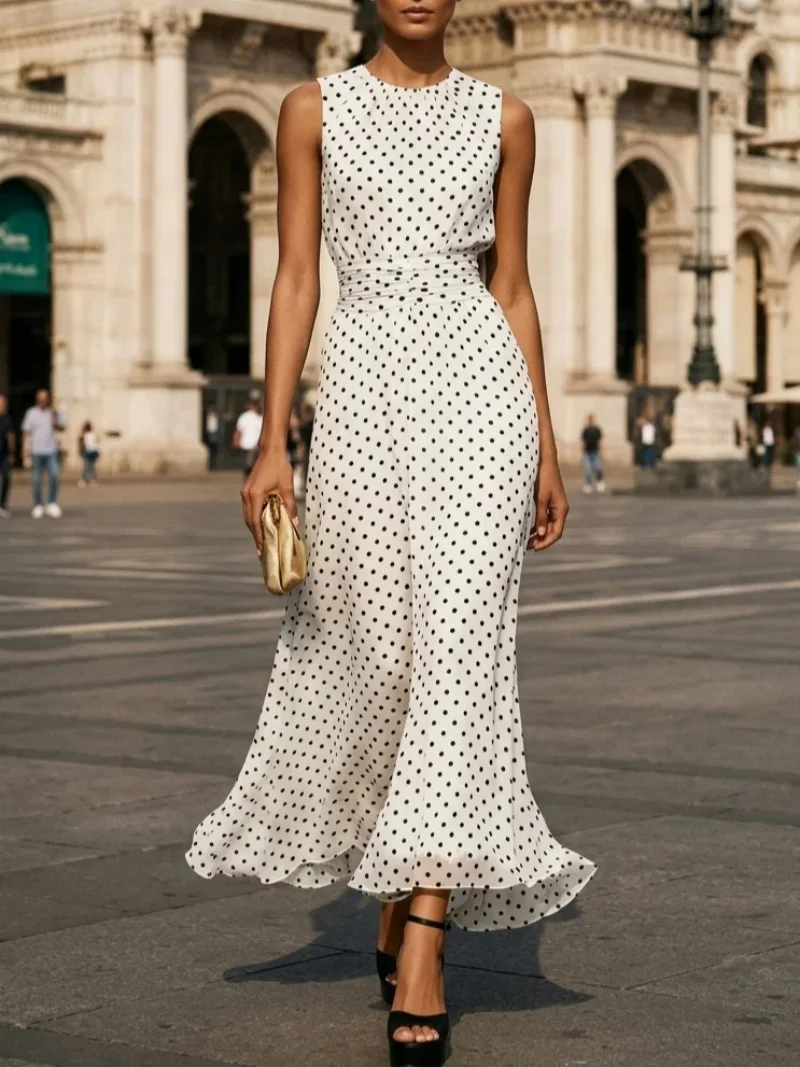 Men'S Formal Wear For Wedding Guest - Women's Sleeveless Polka Dot Maxi Dress