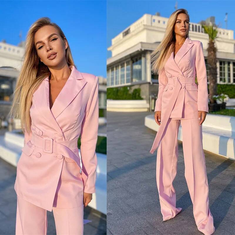 Double Breasted Blazer - Ladies Pink Suits 2 Pieces Business